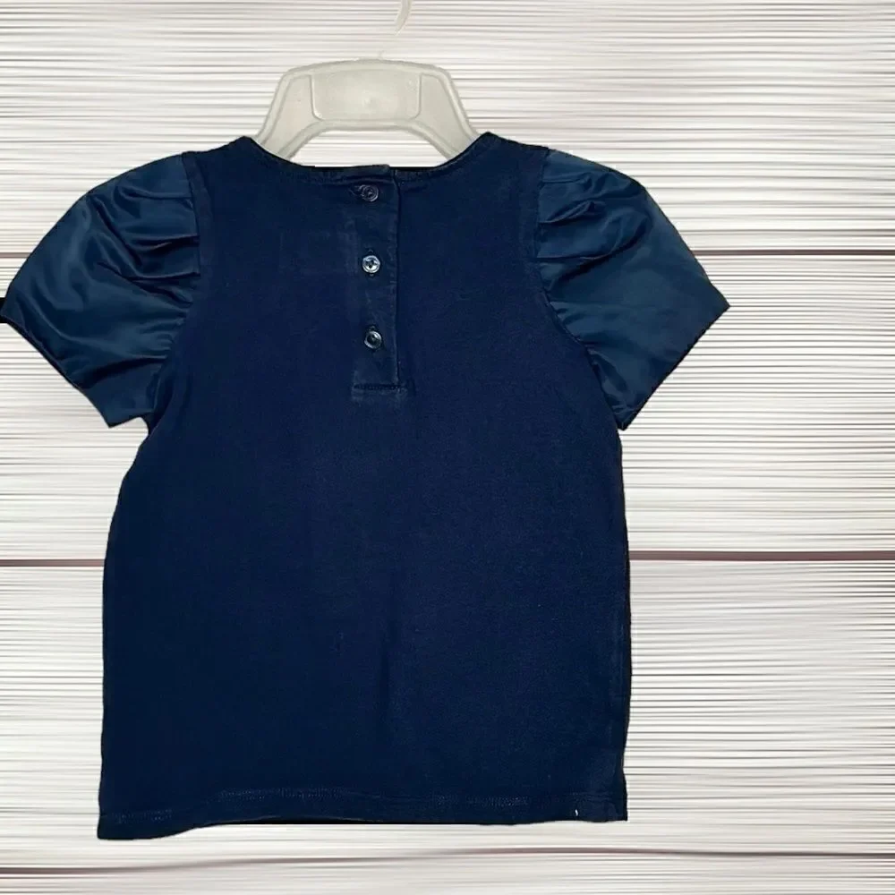 Janie & Jack Girls Top Shirt Size 3 Navy Blue Satin Sheen Rosettes And Sleeves
